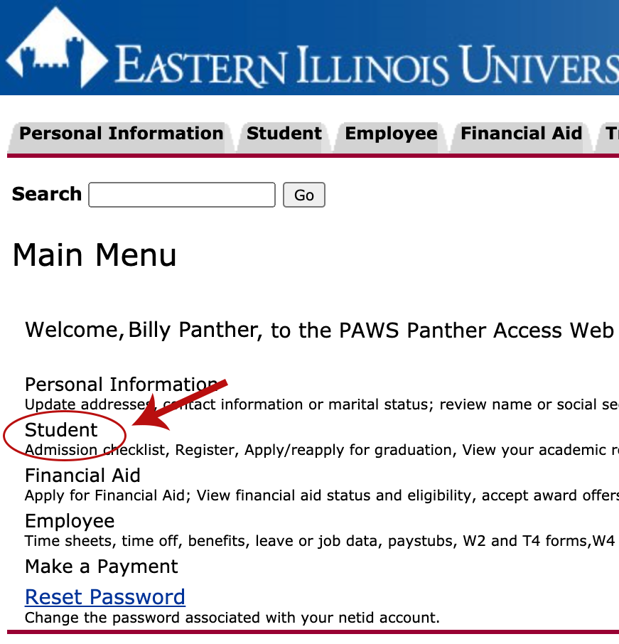 image of PAWS with a circle around the Student link