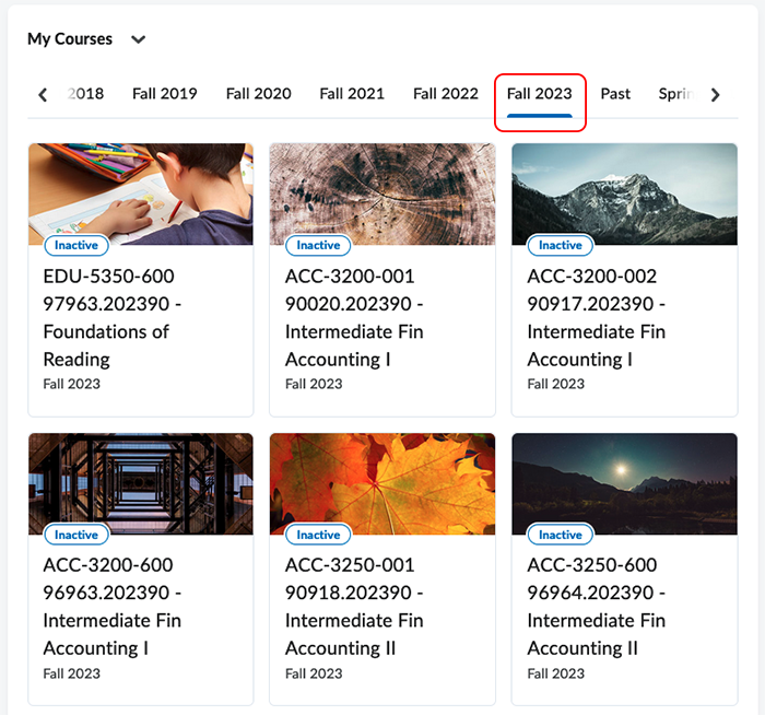 Fall 2023 tab in the My Courses widget Fall 2023 tab in the My Courses widget