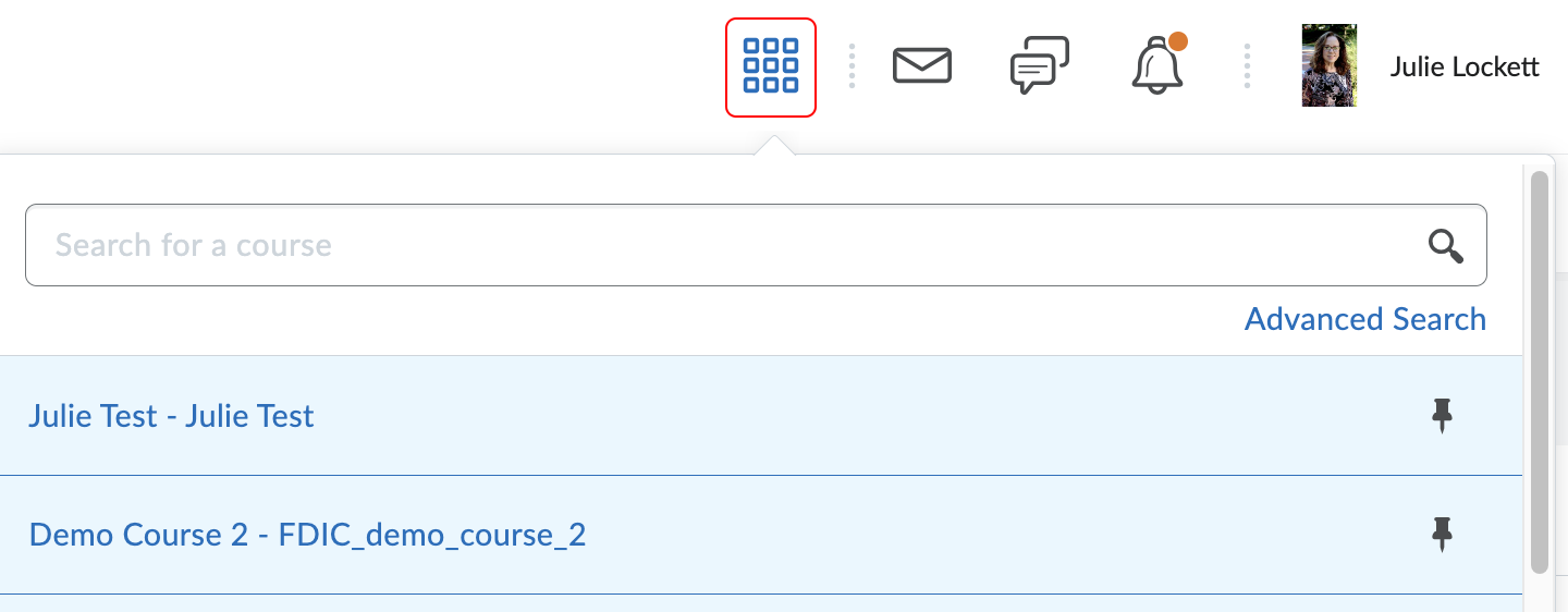 Pinned course list in the Course Selector Pinned course list in the Course Selector